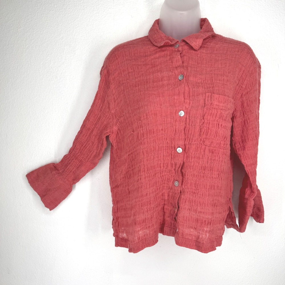 Chicos Vintage Gauze Linen Coral Crinkle Button Shirt Top Small Sheer Lagenlook